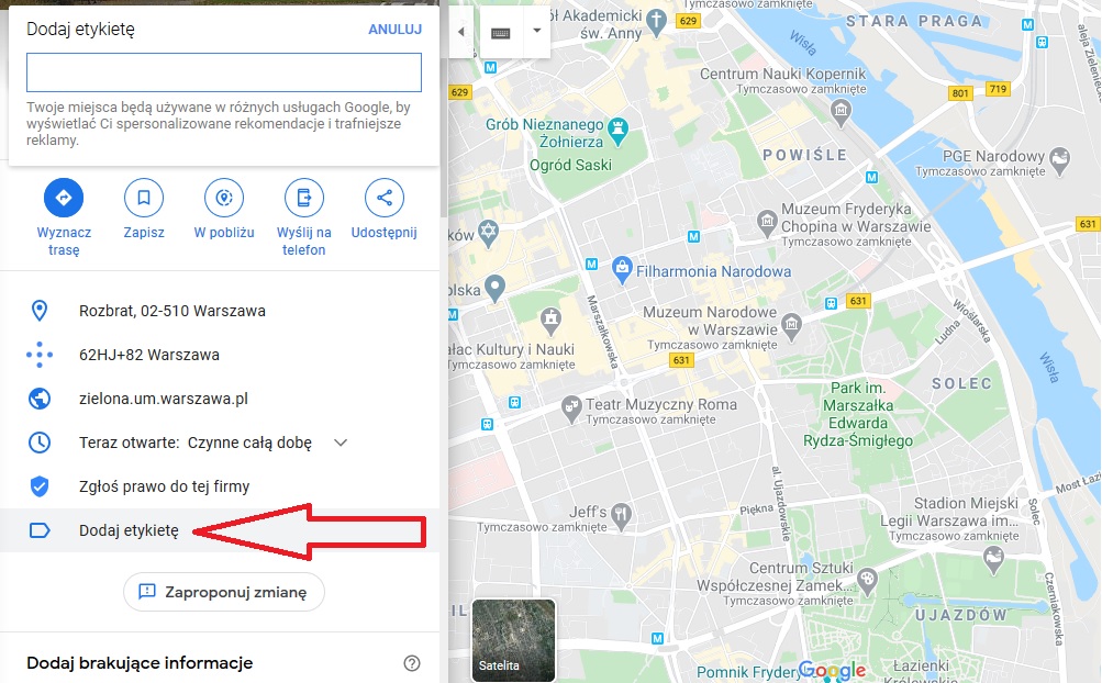 Dodawanie etykiet w Google Maps